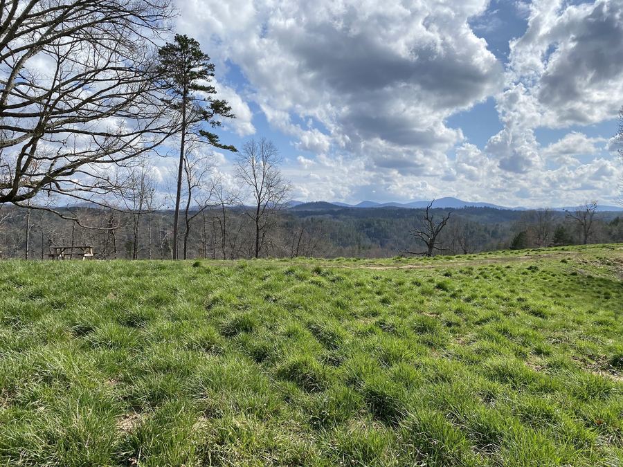 Pasture with a few trees and distant ridges under a cloudy sky
