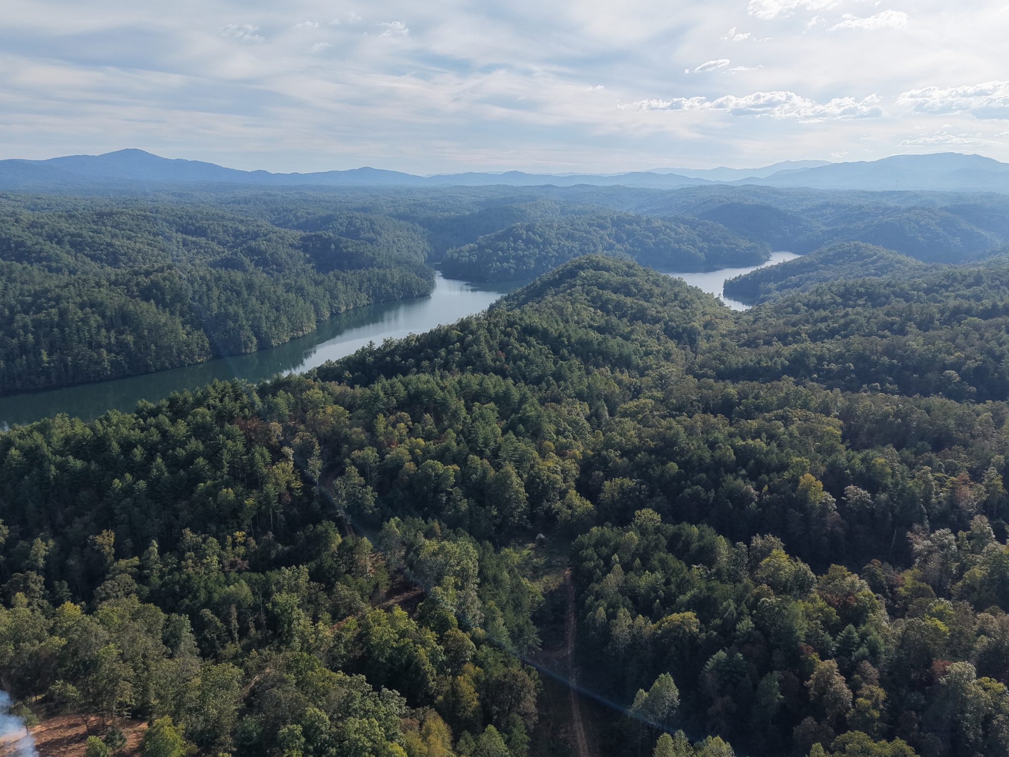 Aerial view of the lake winding between forested ridges