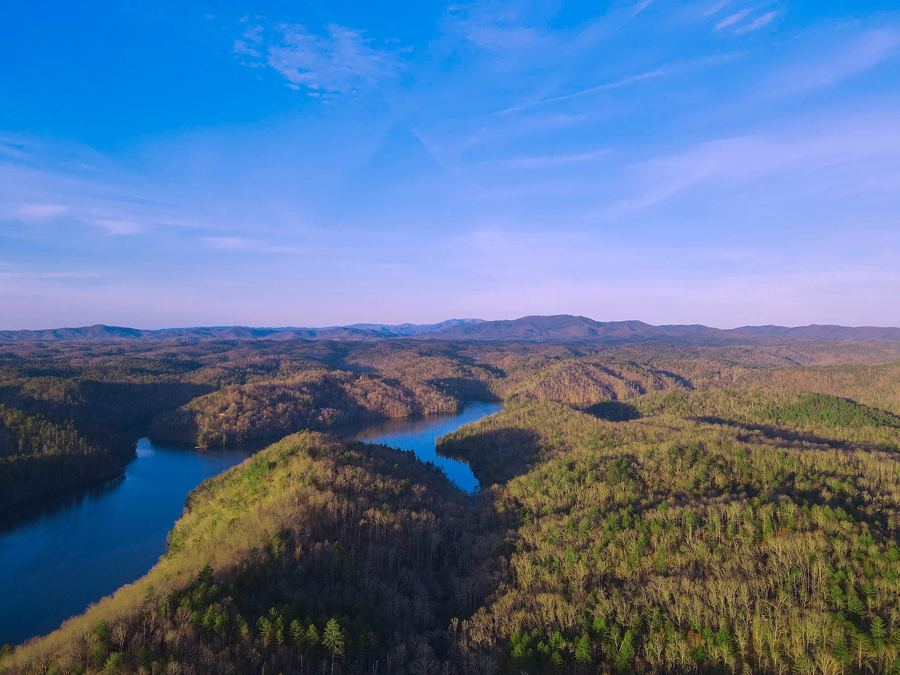 Aerial view of a bend in the lake between forested hills under a blue sky