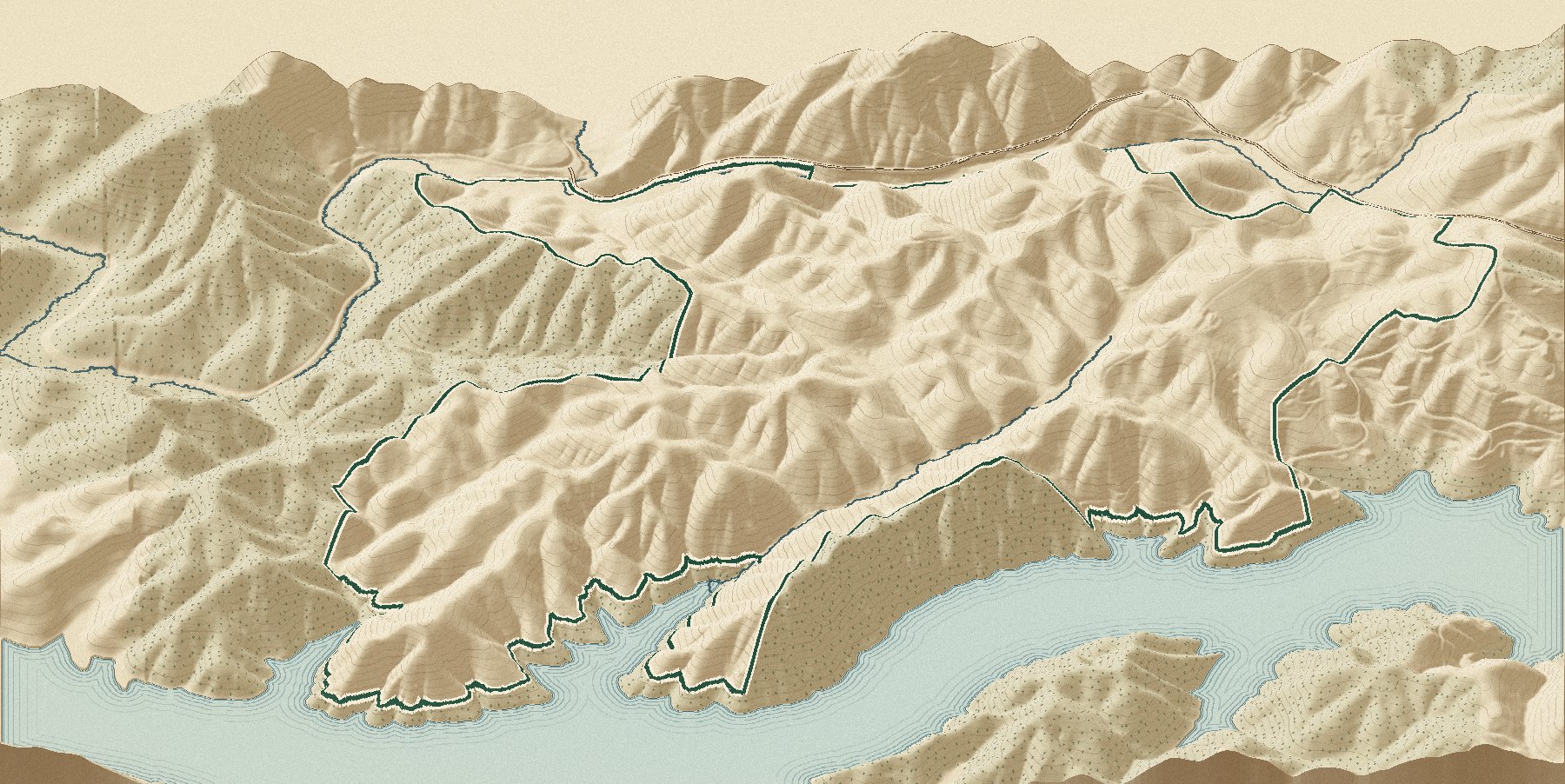Bird's-eye relief map of Highgrove on Lake Apalachia with the Nantahala National Forest to the west
